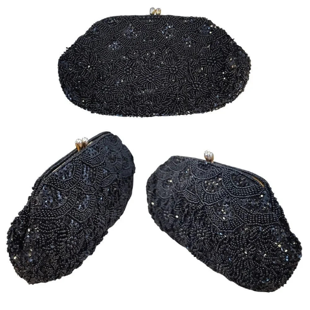 VTG 50s 60s Black Handmade Hong Kong‎ Beaded Sequins Kiss Lock Clutch